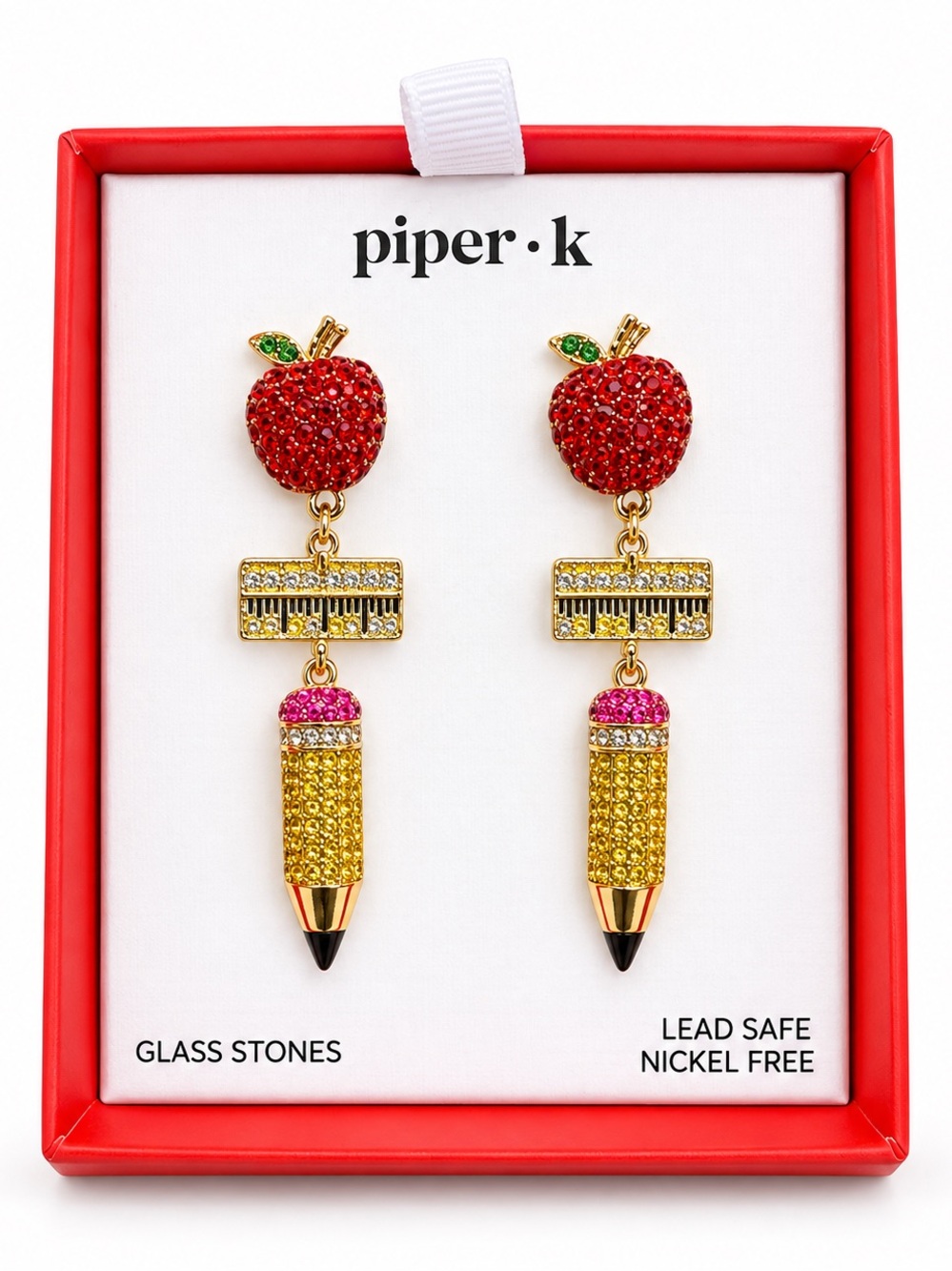 Piper K Teacher Apple Ruler Pencil Dangle Rhinestone Stud Earrings